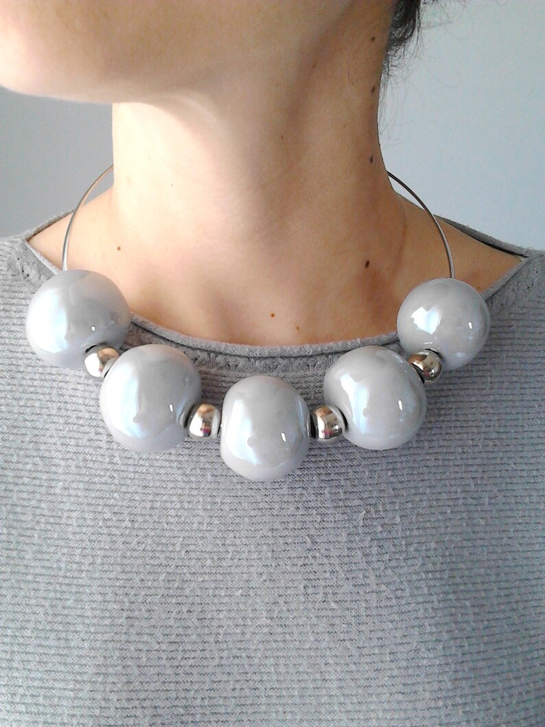 Gray beaded necklace gray beaded choker gray necklace choker grey bead choker large bead necklace ceramic necklace statement beaded necklace image 8