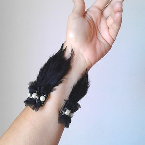 Statement bracelet cuff bracelet feathers bracelet cuff feather bracelet feathers wrist cuff feather cuffs Gothic jewelry Halloween costume image 2