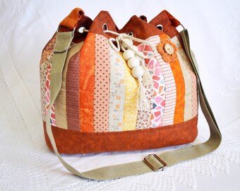 Handmade drawstring bag, bucket bag, orange shoulder bag