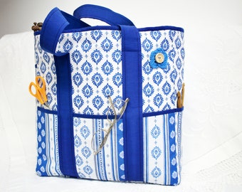 Handmade knitting Bag, blue tote bag, craft storage bag