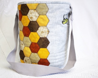 Handmade drawstring bag, bumble bees bag, bucket bag