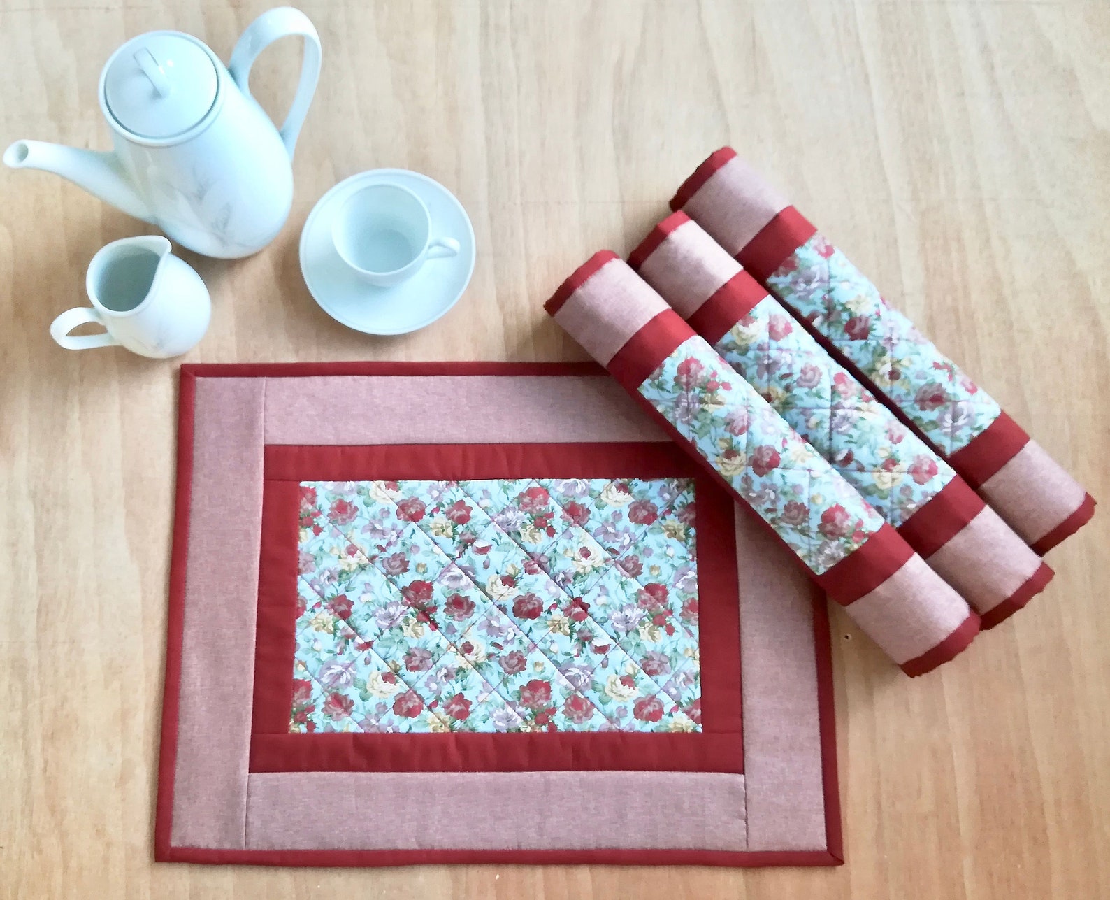 Handmade pink quilted table mats set of 4 floral Etsy
