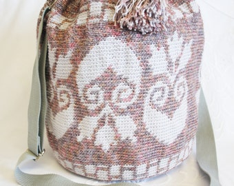 Crocheted shoulder bag, mauve drawstring bag, handmade bags, crossbody bag