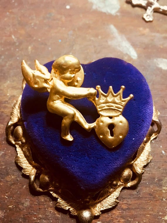 Antique Cherub Brooch, Angel, Heart, Crown Pin