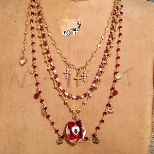 Catholic Jewelry , Antique Blessed Sacred Heart Pendent Encased, Vintage Ruby And Garnet Stones, Vintage Cross Charms, Assemblage Necklace