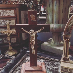 Antique Wood Metal Standing Crucifix