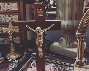 Antique Wood Metal Standing Crucifix