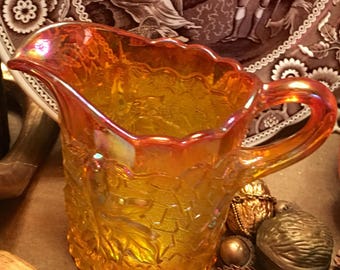Antique Fenton Carnival Glass Maple Leaf Creamer, Beautiful Tri Color Orange Maple Leave Ebossed Creamer