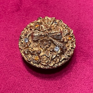 Sweet Antique Max Factor Basket Of Flowers Brass Rhinestone Hypnotic Cream Filled Compact