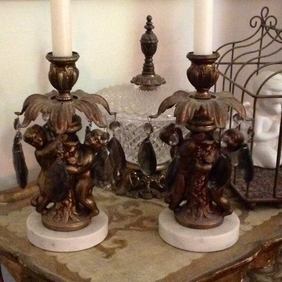 Vintage Brass Cherub Candle Holders Marble Base Grey Crystals Etsy