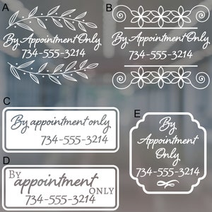 By Appointment Only - multiple styles! window decal, counter decal, board decal, contact info, phone number, email address, website