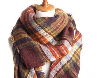 FLASH SALE! Beautiful Burgundy and Burnt Orange Multi-Colored Tartan Plaid Blanket Scarf - Fast Shipping