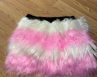 Falda peluda y esponjosa con rayas blancas y rosa claro, disfraz elegante y sexy para fiesta de baile, club, fiesta, rave de piel, para mujeres y niñas, atuendo para festivales de Halloween y Navidad.