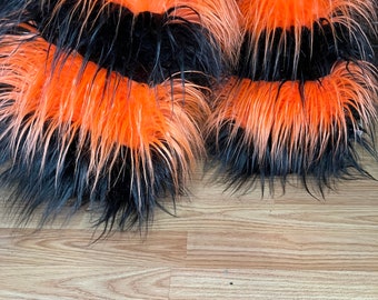 Orange Black Tone Color Multi Furry Fluffy Legwarmer Leg warmer Boot Cover Women Halloween costume Dance Clubwear Christmas Festival Party