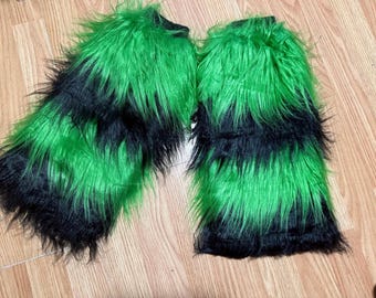 Green black Tone Color Multi Furry Fluffy Legwarmer Leg warmer Boot Cover Women Halloween costume Dance Clubwear Christmas cyber Hen Party