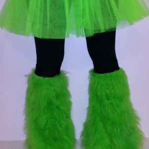 Uv Neon Green Furry Fluffy Leg warmer Boot Cover & Tutu Skirt Party Clubbing Christmas Halloween