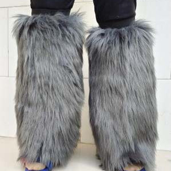 Grey 2 tone Furry Fluffy Legwarmer Boot/Cover Rave Cyber costume Dance Christmas usa Fuzzy Leg Warmer good quality