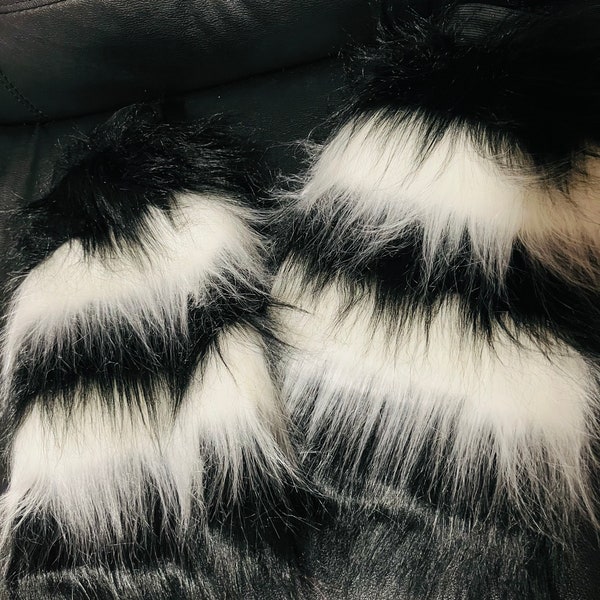 White Black Strip Tone Color Furry Fluffy Legwarmer Leg warmer Boot Cover Women Halloween costume Dance Clubwear Christmas Festival Party