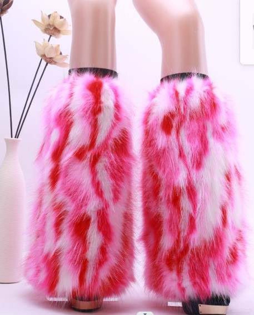 LW4473 Fur Leg Warmer - White-Hot Pink / One Size