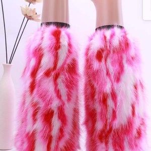 Roze witte toonkleur multi harige pluizige beenwarmer beenwarmer boot cover vrouwen Halloween kostuum dans clubwear kerst cyber vrijgezellenfeest