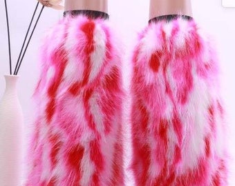 Pink White Tone Color Multi Furry Fluffy Legwarmer Leg warmer Boot Cover Women Halloween costume Dance Clubwear Christmas cyber Hen Party