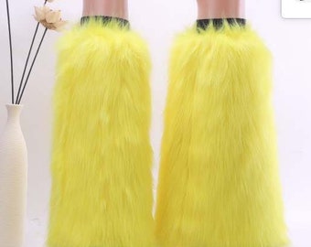 Yellow Furry Fluffy Fur Legwarmer Boot Cover Party Dance Christmas Winter usa