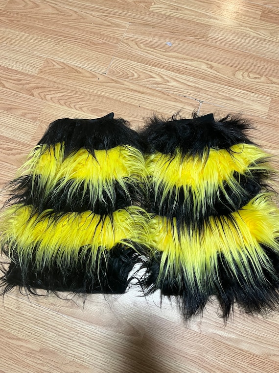 Yellow Black Tone Color Furry Fluffy Legwarmer Leg Warmer Boot