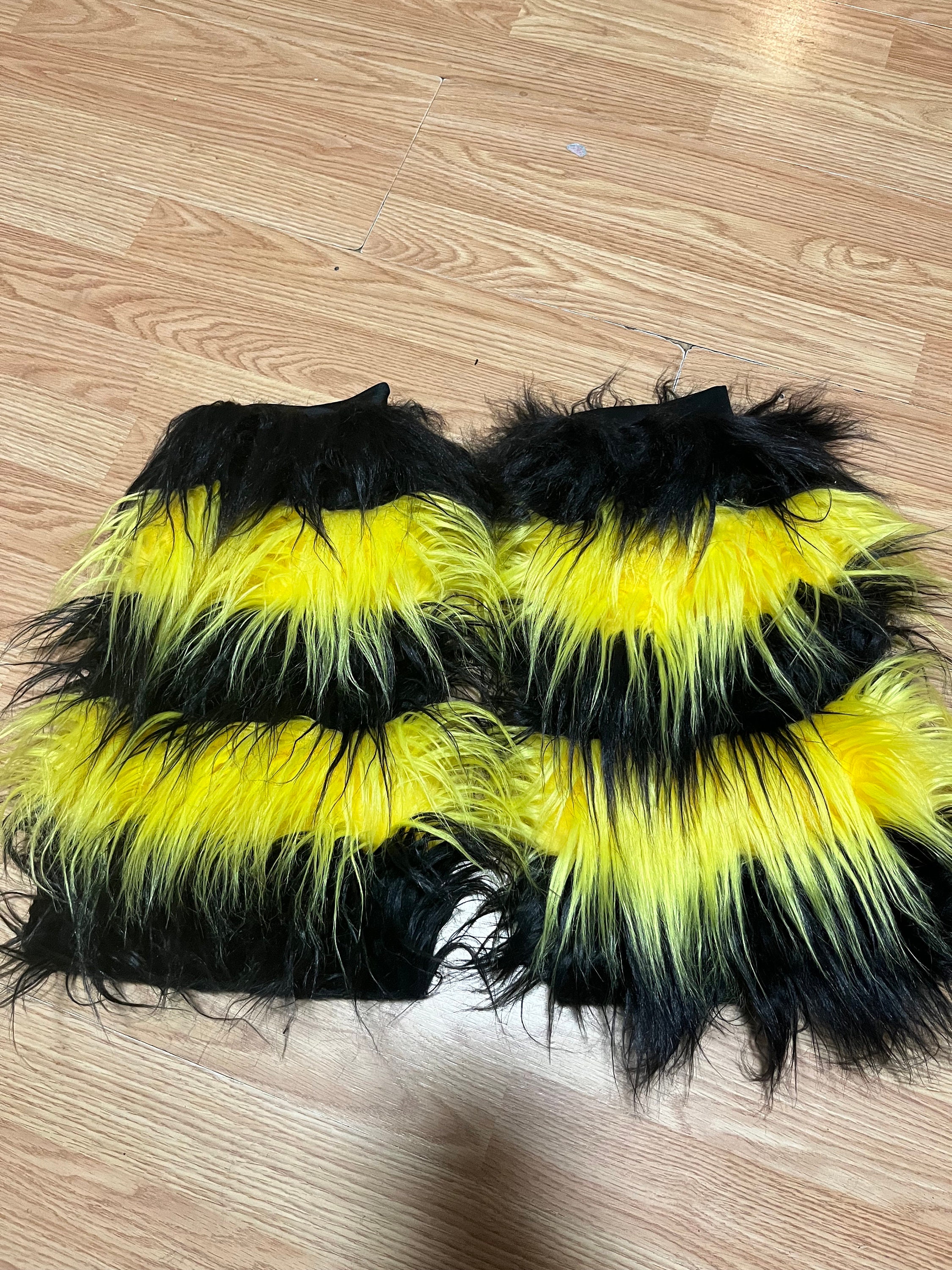 Yellow Black Tone Color Furry Fluffy Legwarmer Leg Warmer Boot