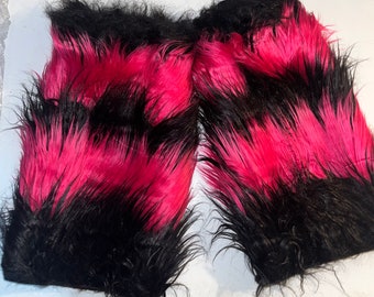 Pink black 2 tone Stripe Furry Fluffy Legwarmer Boot/Cover Rave Cyber costume Dance Christmas Party Club Festival Run Usa