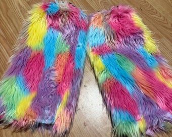 Rainbow Multi spotted Furry Fluffy Legwarmer Boot/Cover Rave Cyber Halloween costume Dance Christmas Winter Festival Event women girls race