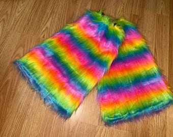 Multi rainbow Tone Color Multi Furry Fluffy Legwarmer Leg warmer Boot Cover Women Halloween costume Dance Clubwear Christmas cyber Hen Party