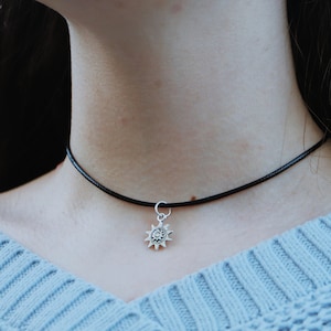 Silver sun choker, sun necklace, black cord with extender chain
