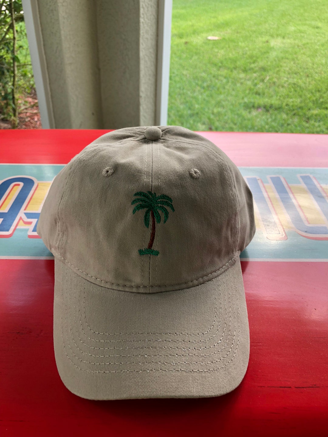 Palm Tree Hat Khaki Hat With Green Palm Tree Metal Etsy