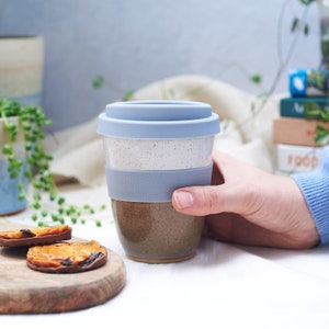 Hand-thrown Ceramic Travel Mug in Hazy Skyline Glaze With band