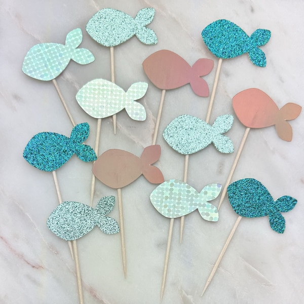 Fish Cupcake Toppers, Set of 12 | Fishy Toothpicks | Fish Appetizer Sticks | Under the Sea | Cute Guppy Cupcake Toppers | Pool Party