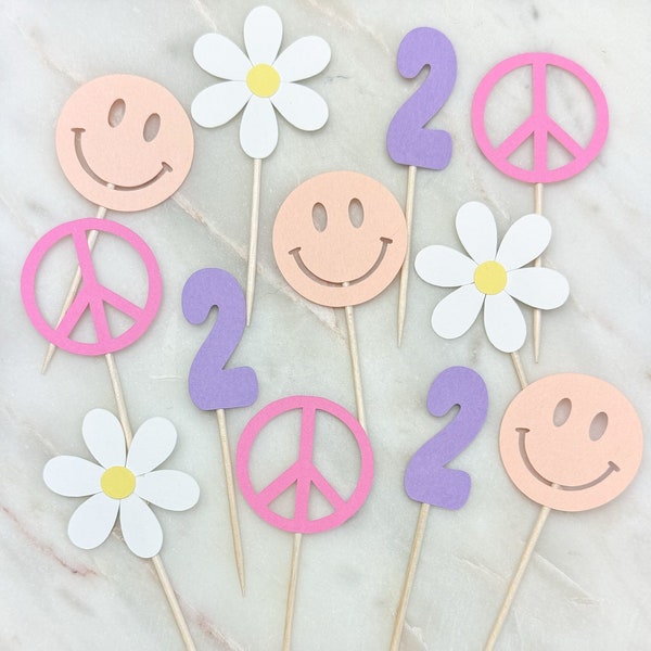 Two Groovy Cupcake Toppers Groovy 2nd Birthday Party Decor Daisy Pink Peace Sign Smiley Face Second Birthday Hippie Birthday Retro Decor