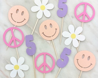 Groovy 5th Birthday Cupcake Toppers: Daisy, Smiley, Peace Sign - Set of 12
