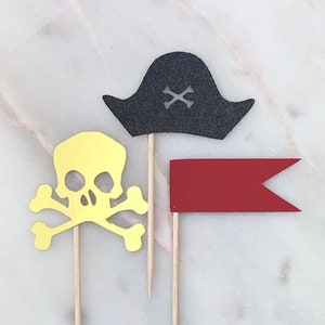 Pirate Theme Cupcake Toppers, Set of 12 | Pirate Party Decor | Jimmy Buffet | Scull & Crossbones | Pirate Toothpicks | Pirate Cake