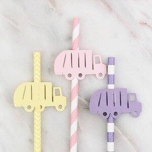 Garbage Trash Truck Paper Party Straws for Girls, 12 | Pink Purple Yellow Trash Truck