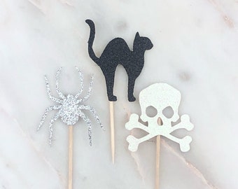 Halloween Cupcake Toppers, 12 | Scull and Crossbones | Black Cat | Spider | Halloween Toothpicks | Halloween Party Supplies