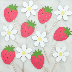 Strawberry Daisy Cupcake Toppers: Berry Sweet First Birthday - Set of 12