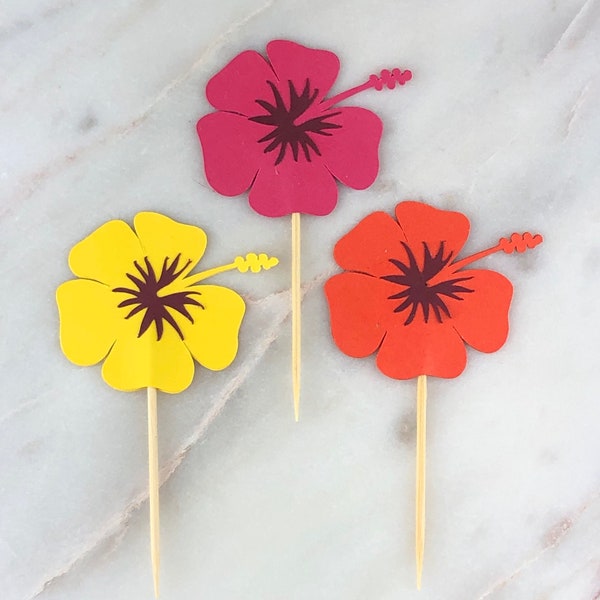 Hawaiian Flower Cupcake Toppers, 12 | Hawaiian Toothpicks | Luau | Luau Party Supplies | Flower Party Decor | Luau Toothpicks | Flower Picks