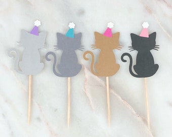 Kitty Cat Birthday Hat Cupcake Toppers, Set 12 | Cat Cupcake Toppers  Kitty Party Decorations | Meow