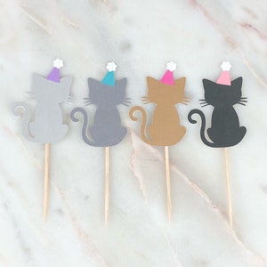 Kitty Cat Birthday Hat Cupcake Toppers, Set 12 | Cat Cupcake Toppers  Kitty Party Decorations | Meow