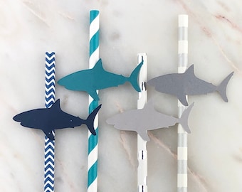 Shark Paper Party Straws, 12 | Shark Week | Pool Party | Beach Party | Jaws Party | Great White Straws