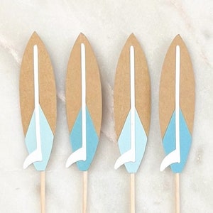Surfboard Cupcake Toppers, 12 Luau Surf Party Pool Party Beach Party Luau Decorations Hawaiian Theme Surfs Up Summer Party image 1