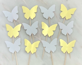 Butterfly Cupcake Toppers, Set of 12 | White and Gold Butterflies | Wedding Shower Decor | Butterfly Kisses | Ms. to Mrs.