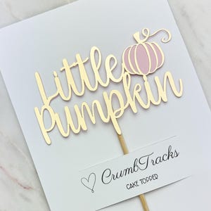 May include: Gold glitter cake topper with the words "little pumpkin" and a pink glitter pumpkin. The topper is on a wooden stick with a white tag that says "Crumb Tracks Cake Topper".