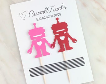 Valentine Cupcake Toppers, 12 | Robot Heart Toothpicks