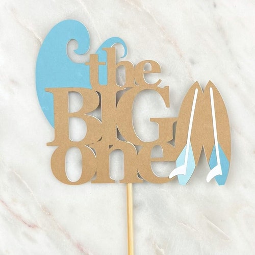 The Big One Wood Cake Topper - Surf & Wave Design, 1st Birthday Decoration, Beach Theme, 8x5.1 Inches, Natural Wood